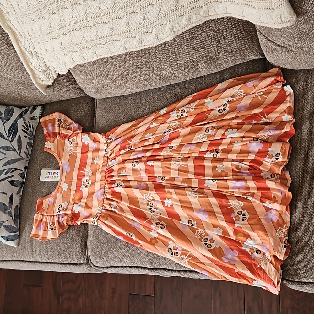 DotDotSmile Halloween print orange striped Empire dress